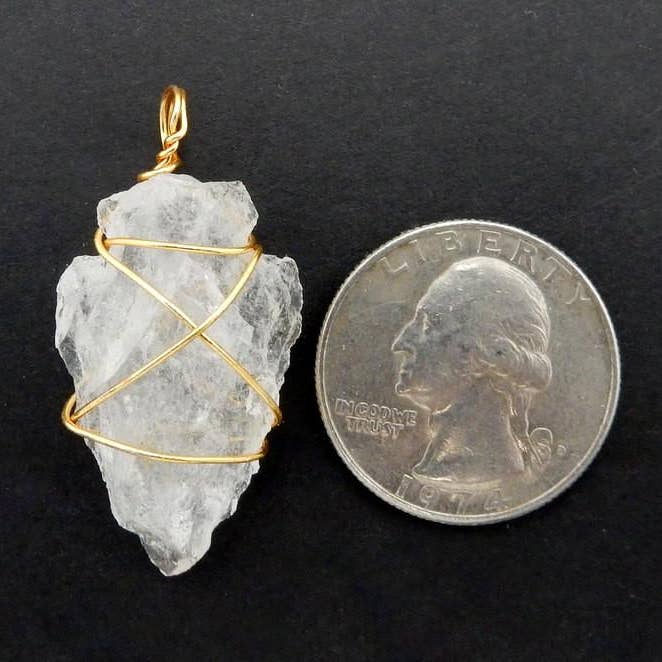 Rock Paradise – wholesale Individual charm/pendant – Crystal Quartz Arrowhead Pendant Wire Wrapped Gold Tone Arro4