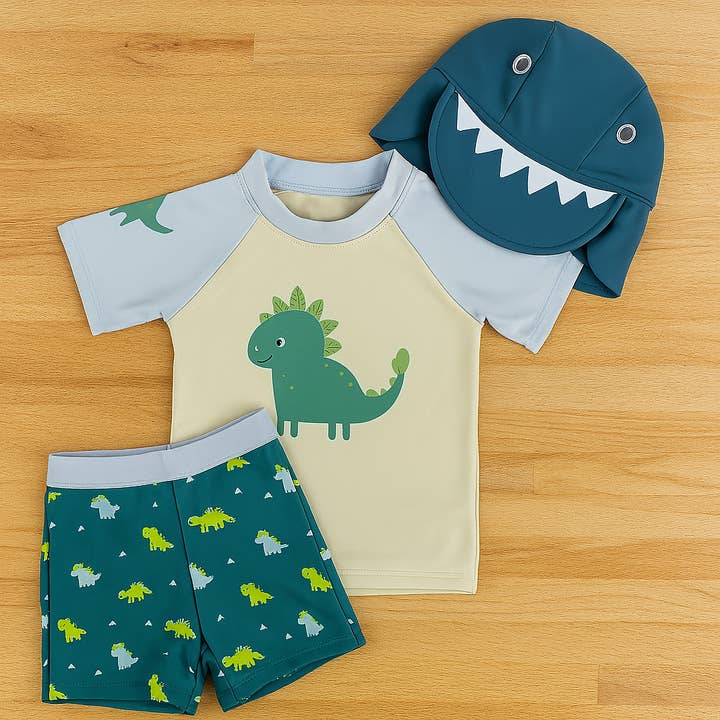 Green Dinosaur 3pcs Boy Toddler 3-Piece Swimwear Set for wholesale by Fennco Styles