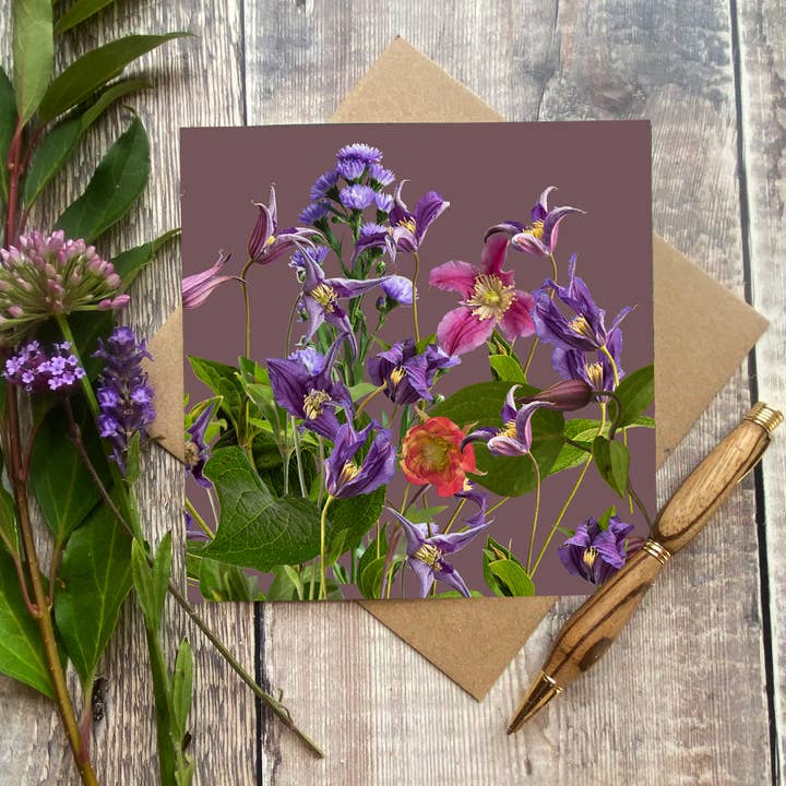 Flower greeting card - flowers on aubergine greeting card for wholesale by Alex Sharp