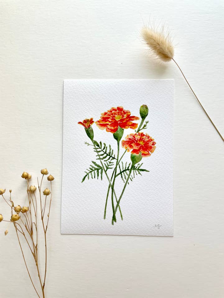 Kunstdruck „Ringelblume, Geburt im Oktober“ für den Großhandel von Ellen Schaefer Art