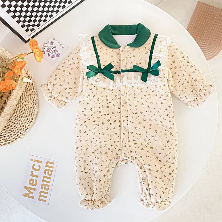 Baby Girl Flower Print Mesh Patchwork Fleece Thickened Romper for wholesale by MyKids-USA®