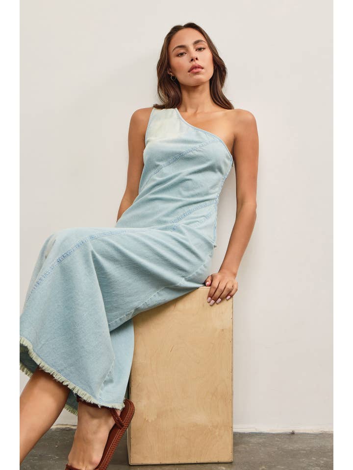 RAW CUT HEM ONE SHOULDER DENIM DRESS for wholesale on Faire