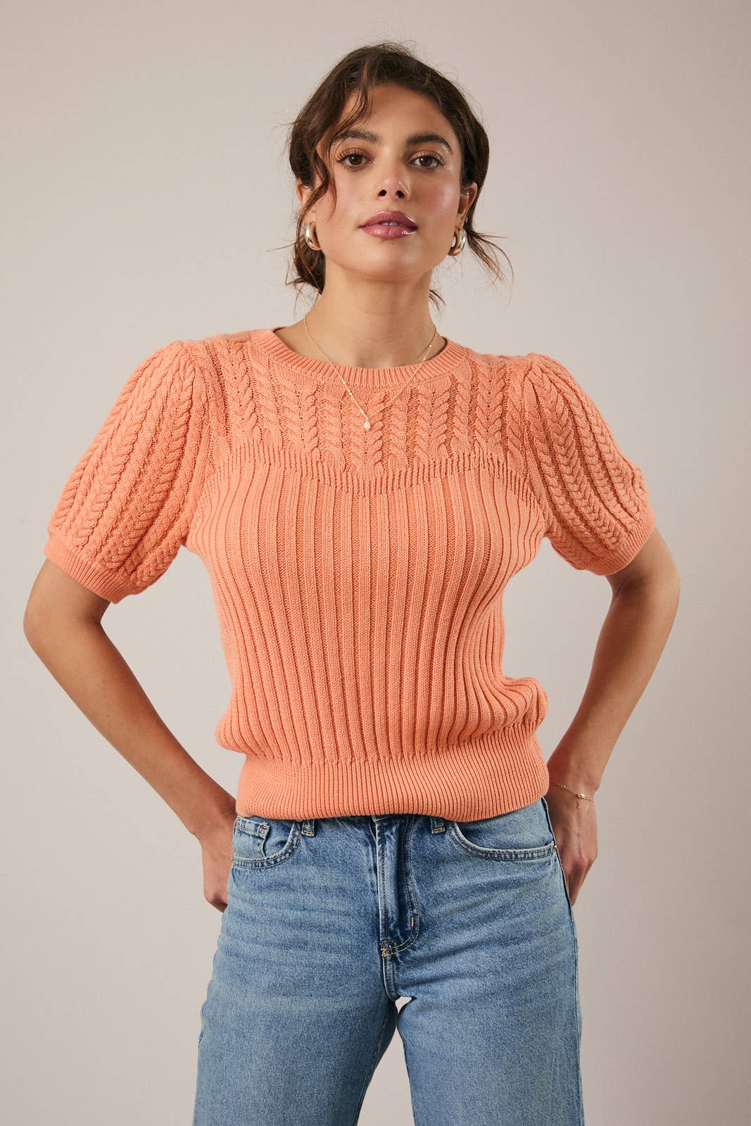 Sunday Edition by LE LIS - Wholesale Knit Sweater - Women's - ROUND NECK PUFF SHORT SLEEVE CABLE SWEATER16