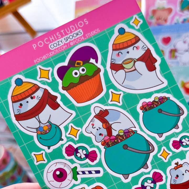 Pochistudios - Wholesale Sticker - Cozy Spooks Ghostie Chubbs Cat Vinyl Matte Sticker Sheet2