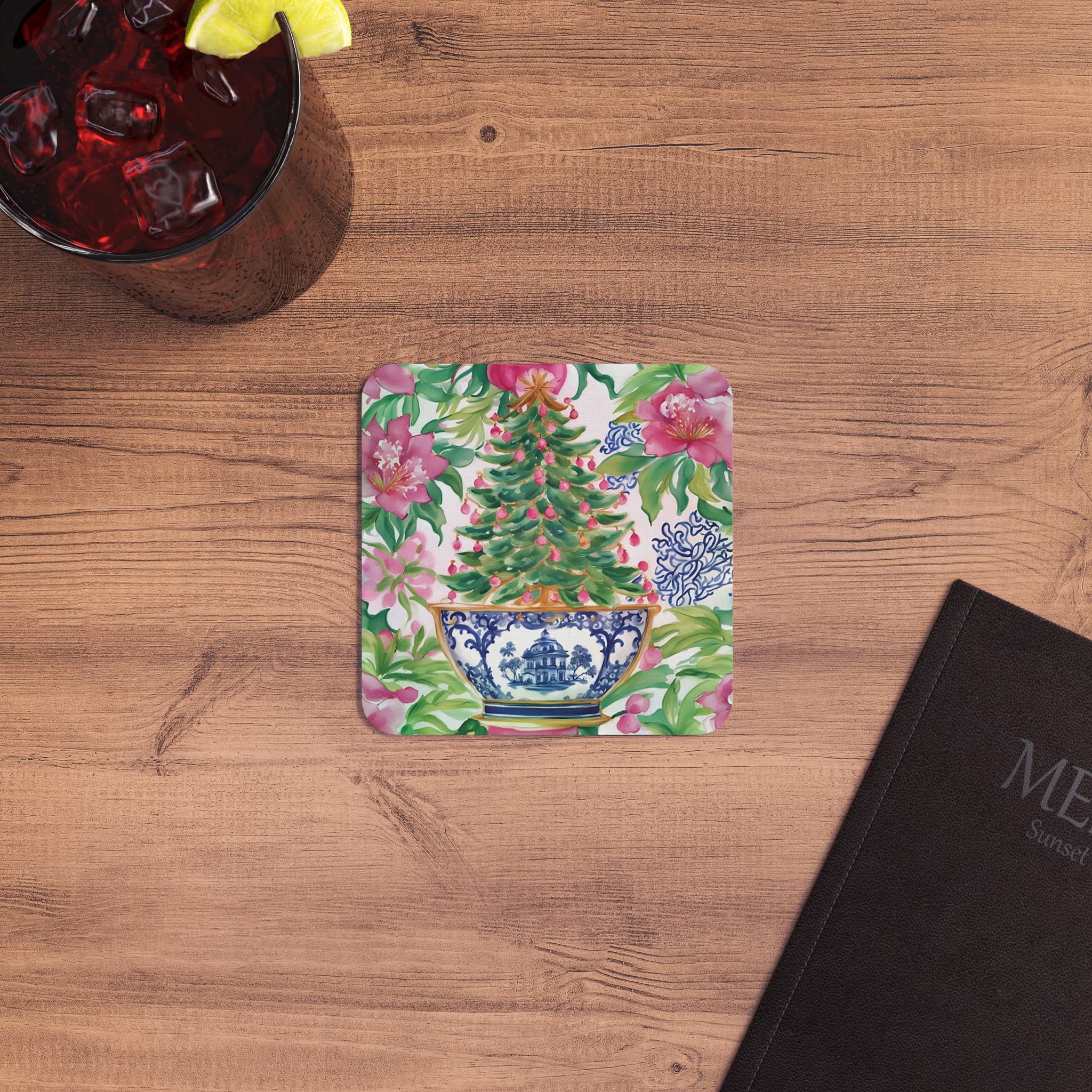 Design Carolinas - Wholesale Disposable Coasters - Pink & Green Chinoiserie Christmas Tree Holiday Coaster Set2