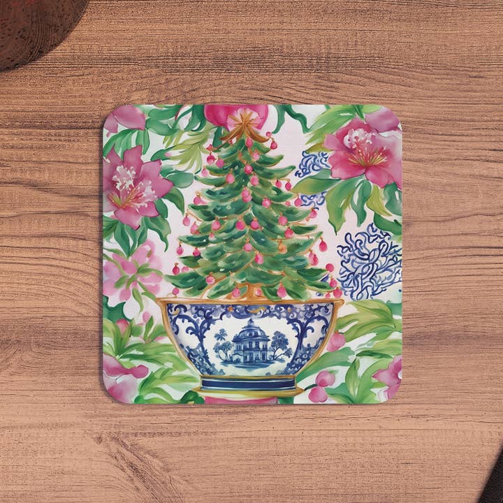 Design Carolinas - Wholesale Disposable Coasters - Pink & Green Chinoiserie Christmas Tree Holiday Coaster Set2