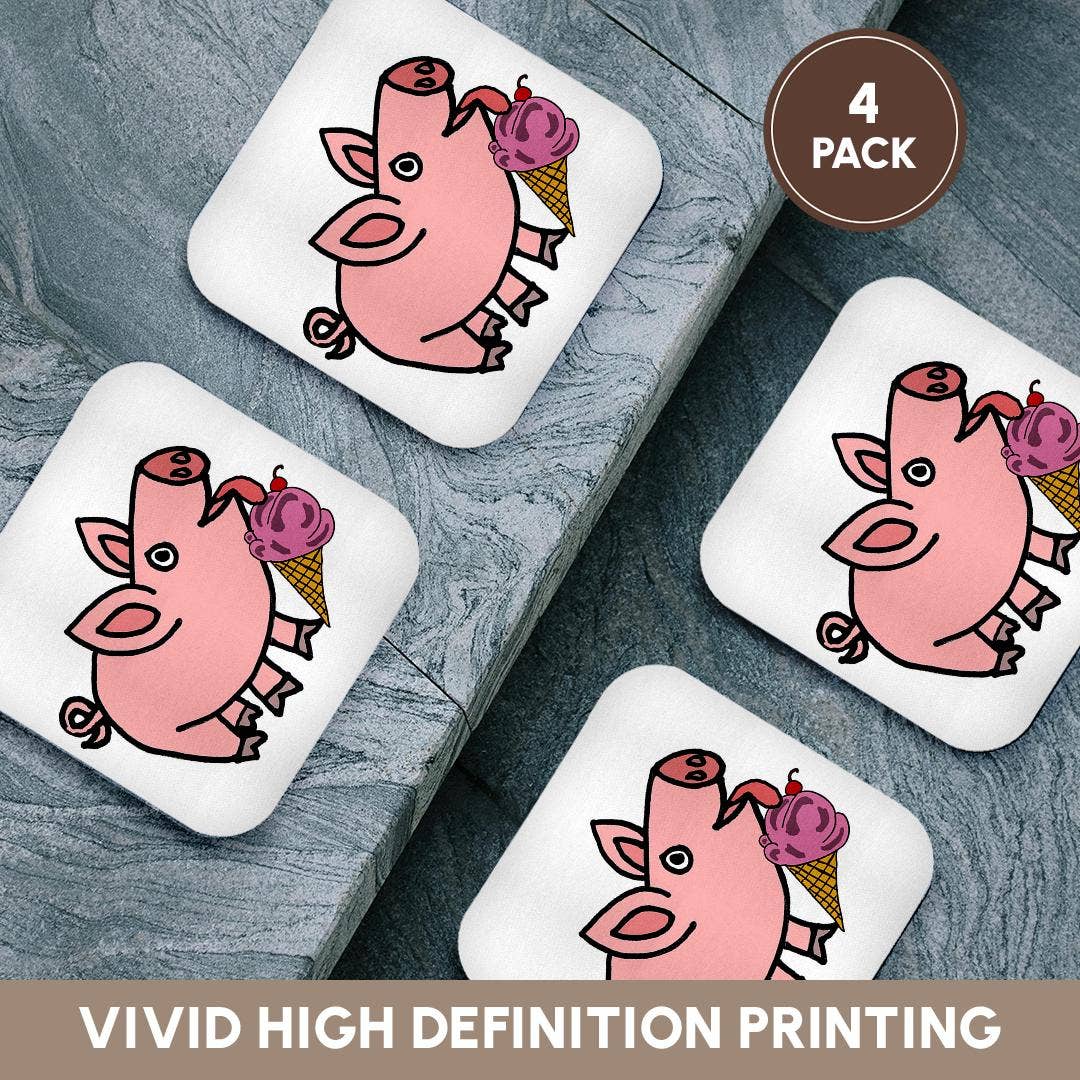 3dRose - Wholesale Coasters - 3dRose, Funny Cool Pink Pig eating ice Cream Cone Cartoon, Coaster12