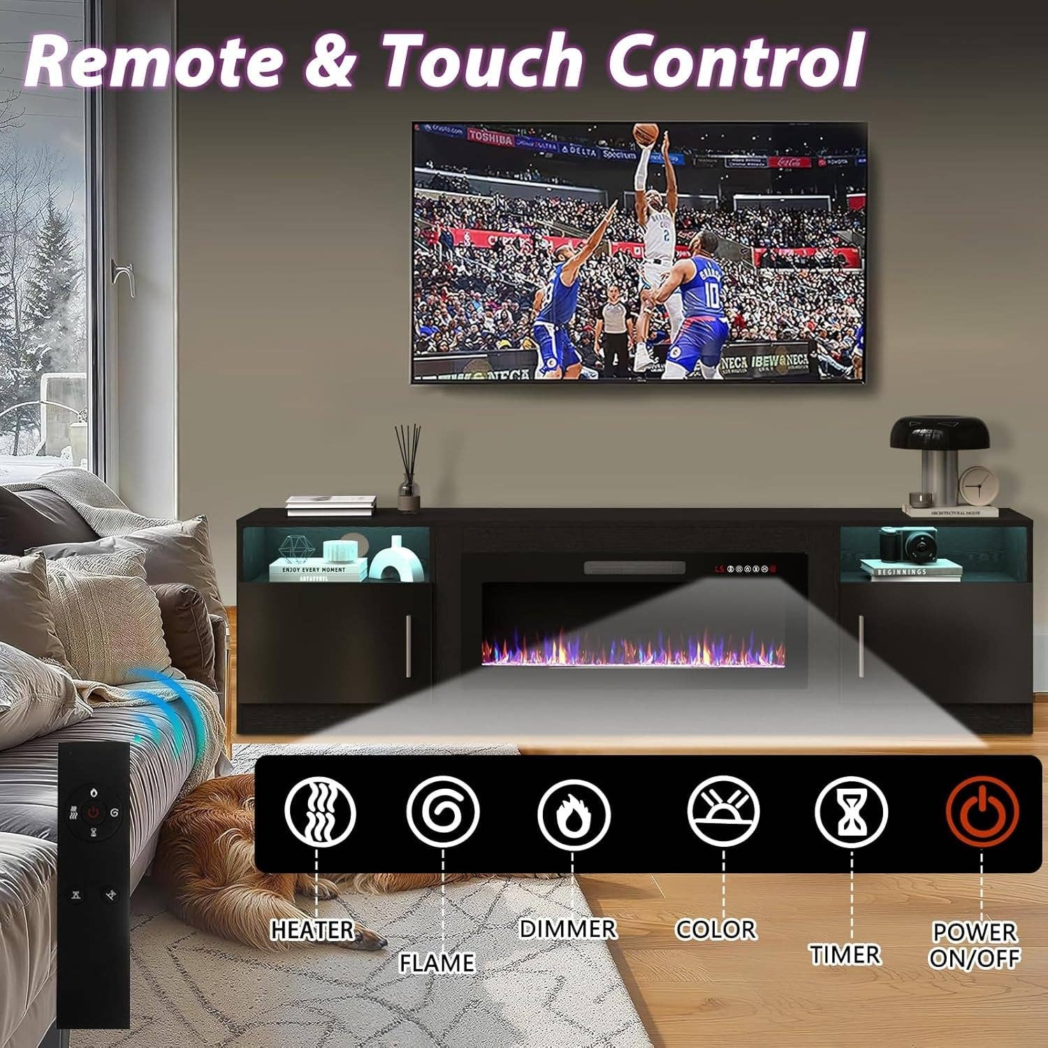 80 Inch TV Stand Electric Fireplace With LED Lighting Black for wholesale on Faire4