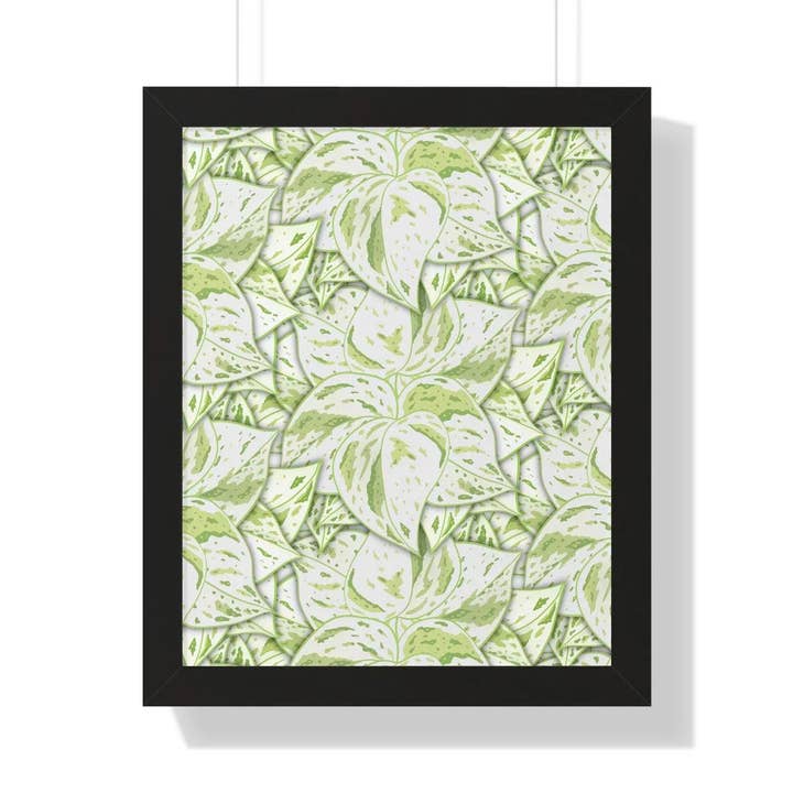 Snow Queen Pothos Framed Print With Variegated Leaves On Premium Matte Paper Black Walnut Frame for wholesale by The Potted Pixel