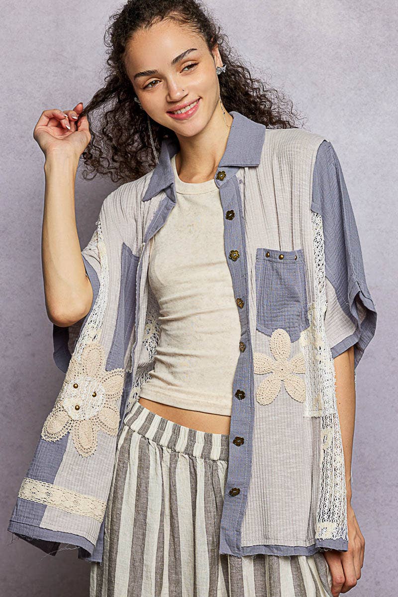 Pol Clothing - Wholesale Button Down Shirt - Women's - Collared Studded Button-down Short Sleeve Knit Shirt Top24