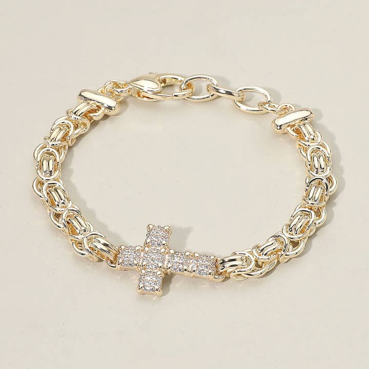 14K Gold Plated CZ Stone Paved Cross Accent Abstract Chain Bracelet for wholesale by Sensibling Corp.