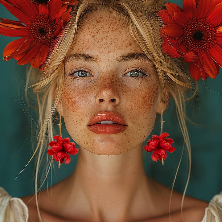 Flourist rote Ohrstecker aus Seide mit Farbblock für den Großhandel von Chama Navarro