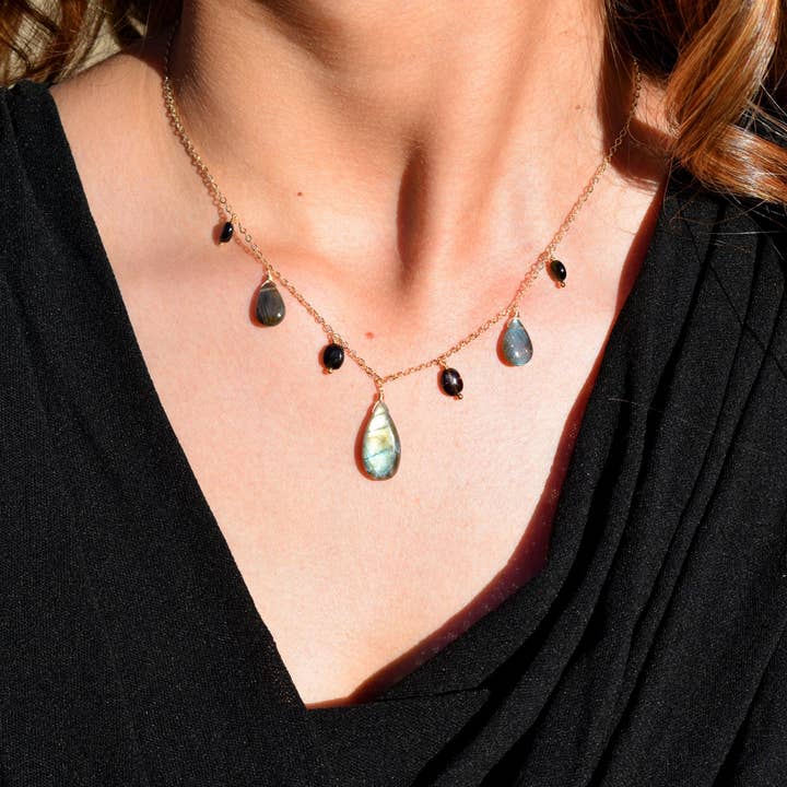 Labradorite and Black Tourmaline Fringe Necklace for wholesale by Edgy Petal Jewelry