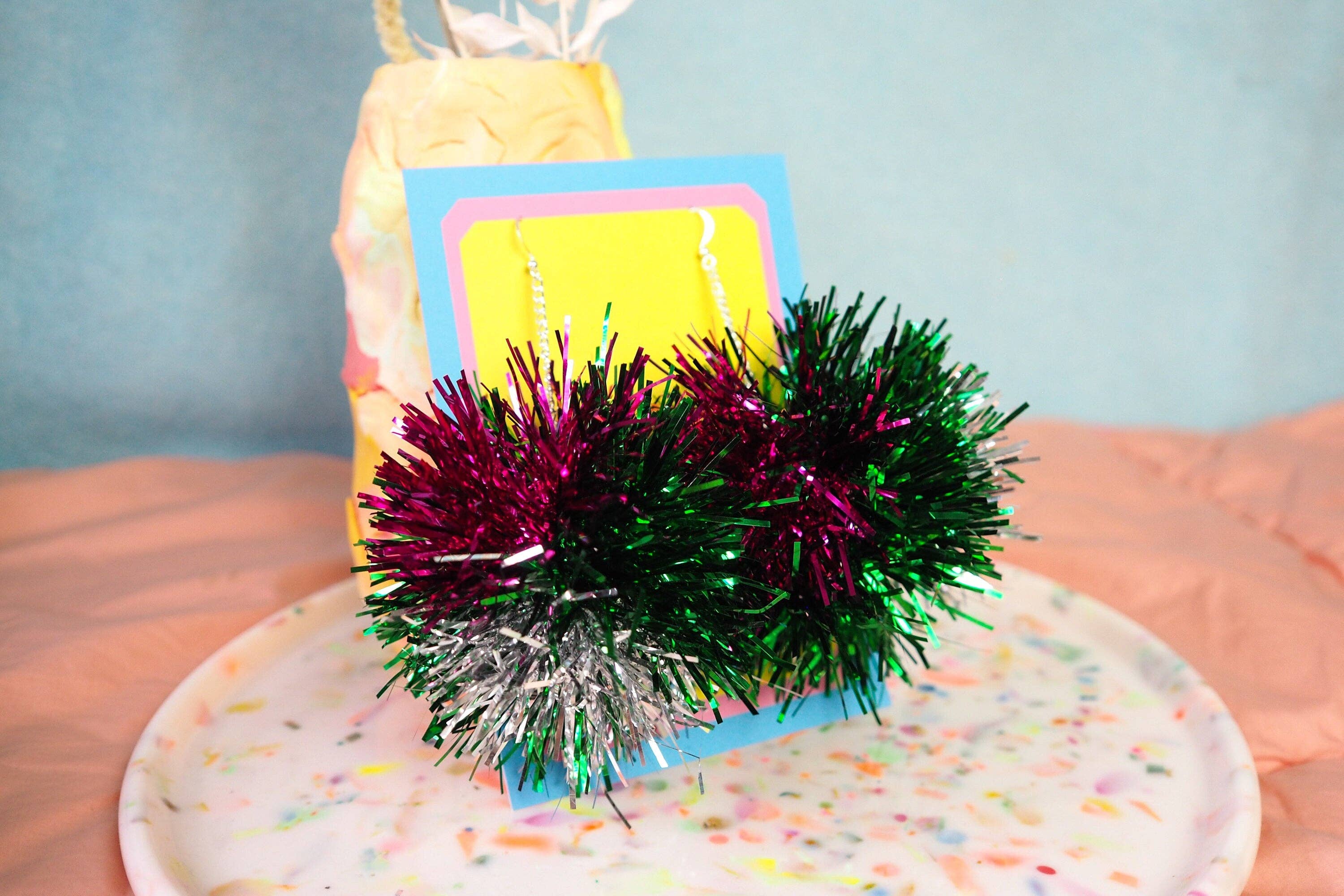Fat Pom Poms – wholesale Dangle earrings – Green, Pink & Silver Tinsel Pom Pom Earrings - Pom Poms - Christmas Fall Jewelry9