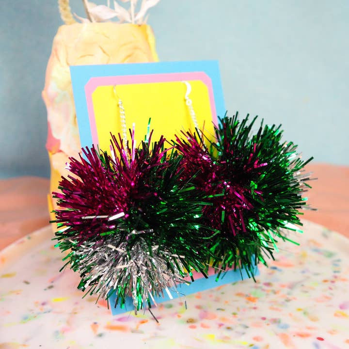 Fat Pom Poms - Wholesale Dangle Earrings - Green, Pink & Silver Tinsel Pom Pom Earrings - Pom Poms - Christmas Fall Jewelry9