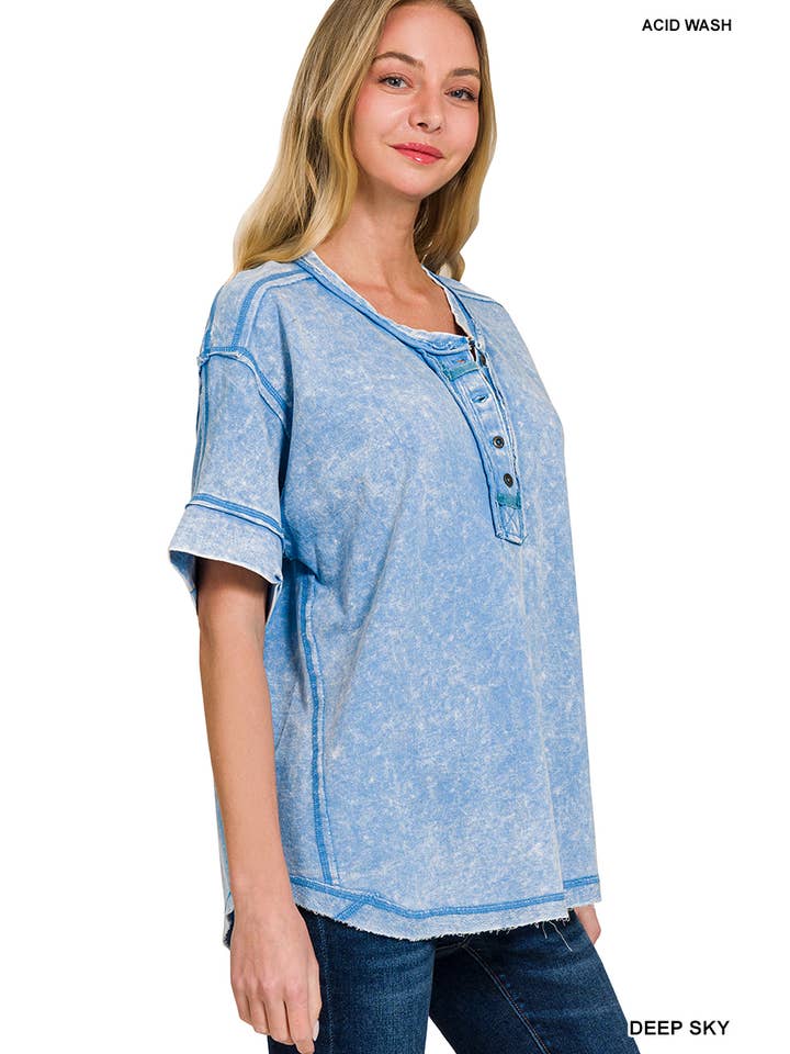 42POPS - Wholesale Knit Top - Women's - ',, Washed Raw Edge Detailed Button Closure Top