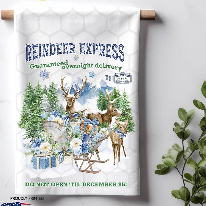 Reindeer Express Vintage Winter Christmas Kitchen Dish Towel for wholesale by ADDLE iNK