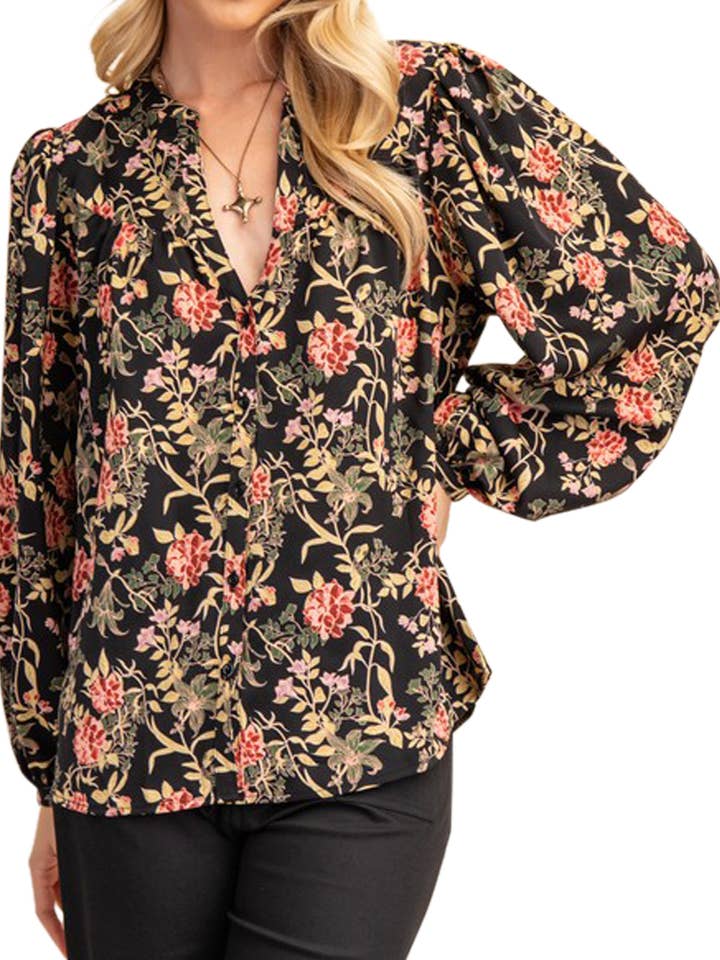 Floral Print Button Up Long Sleeve Blouse for wholesale by Vanilla Monkey