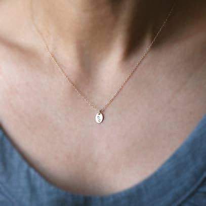 Tiny Oval Initial Necklace in 14K Gold for wholesale by Michelle Chang