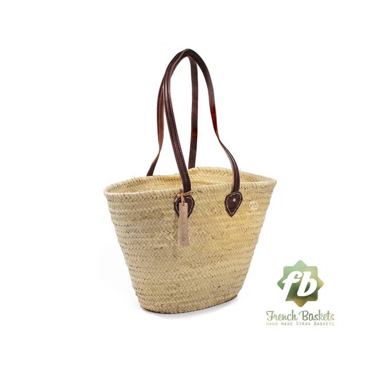 Beige Brown Best Straw Tote Bag Long Flat Leather Handle French Baskets for wholesale on Faire