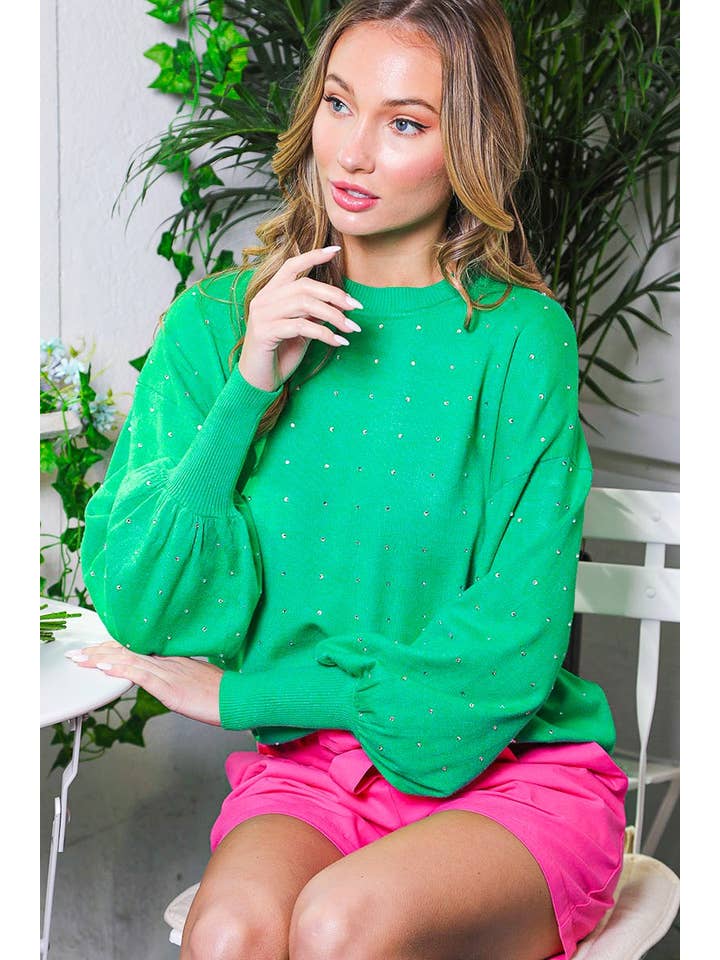 Vine & Love - Wholesale Knit Sweater - Women's - Rhinestone Detail Long Balloon Sleeve Knit Sweater VT60387B