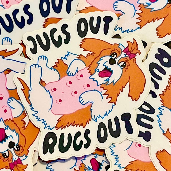 Jugs Out Rugs Out Cheeky Funny Shih Tzu Dog Sticker for wholesale by Madkapp Stuff