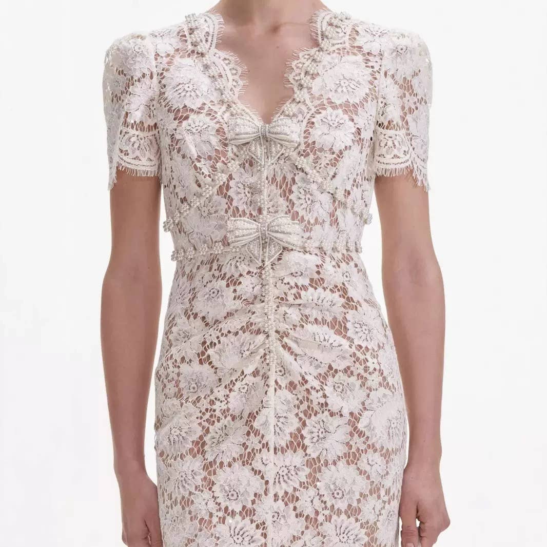 off white DR571Y Elegant Summer Lace Dress with Bowknot and Slim Fit for wholesale on Faire