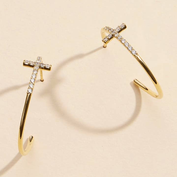 Cross Gold Dip Hoop Earrings for wholesale by Lilla Haven