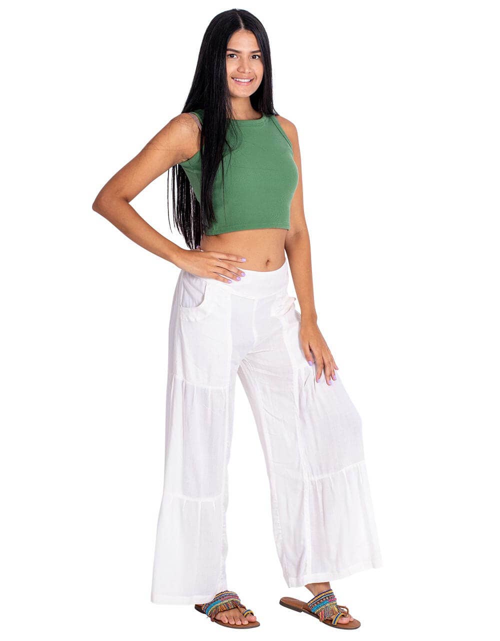 Kimago Look - Wholesale Pants - Women's - Ethnic White Broken Viscose Pants with Elastic Waistband2