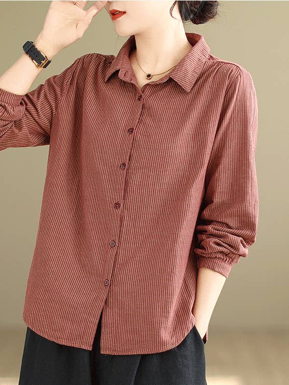 Double-Layer Cotton Gauze Long Sleeve Striped Shirt for wholesale by Whisper Mint