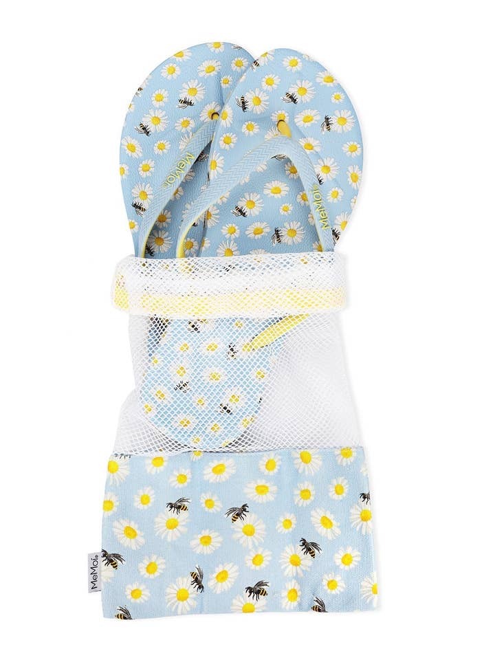 Light Blue Women's Daisy & Bees Flip Flops & Mesh Bag Set for wholesale on Faire4