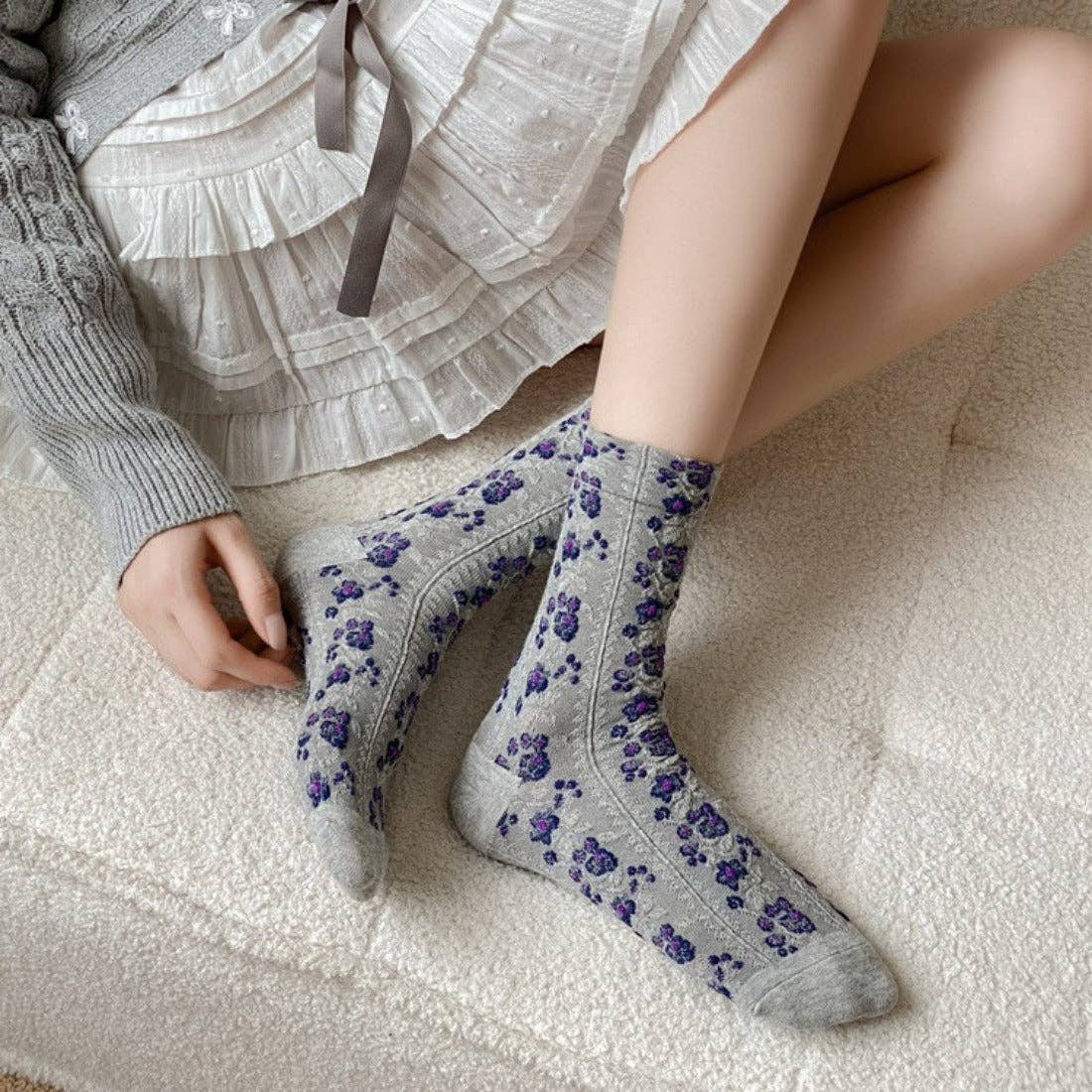 Funkyrel® Atzbranding Limited - Vente Chaussettes – femme - Rufia - Chaussettes mi-mollet style cour vintage à motif floral7