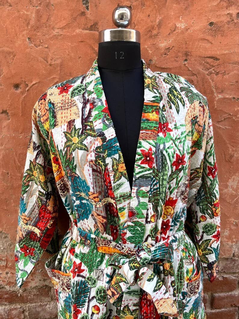bhavnas boutique – wholesale Kimono – Women's – Quilted Kantha Kimono 100% Cotton Floral Block Printed Long1
