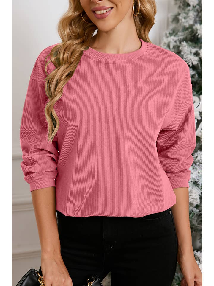 Aapparella - Wholesale Sweatshirt - Women's - Women Solid Corduroy Crewneck Loose Fit Sweatshirt | S-2XL