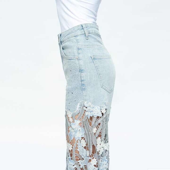 LESLEY BLUE HIGH RISE WIDE LEG JEANS WITH LACE SPLICED BYW8090 for wholesale on Faire