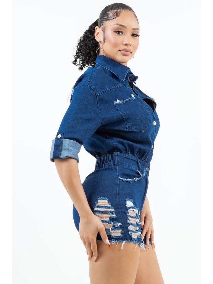 Uptown Apparel - Wholesale Romper - Women's - J7802 LONG SLEEVE WASHED AND DISTRESSED DENIM ROMPER