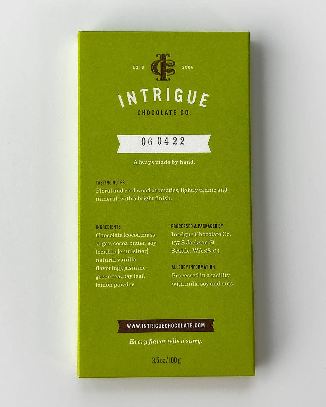 Intrigue Chocolate Co. - Wholesale Chocolate Bar - Jasmine Green Tea, Turkish Bay Leaf, Lemon Bar2
