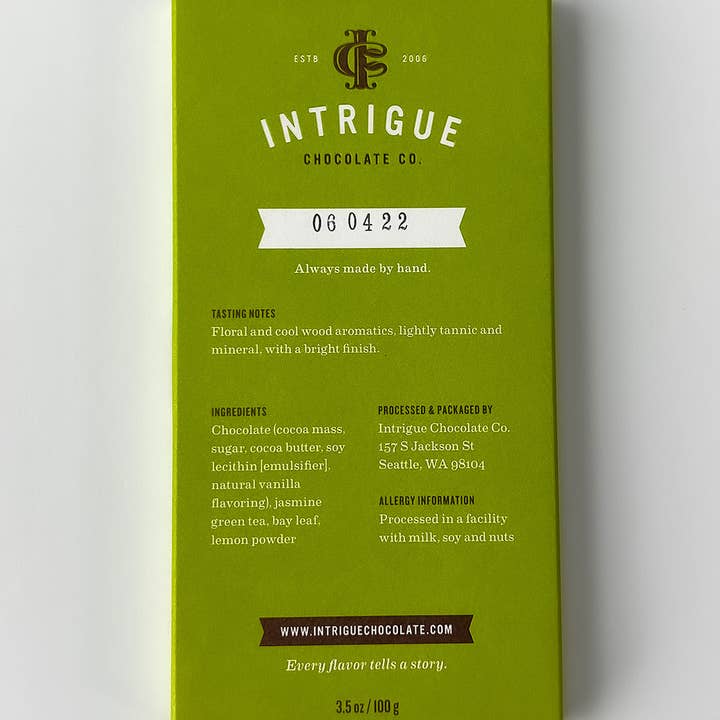 Intrigue Chocolate Co. - Wholesale Chocolate Bar - Jasmine Green Tea, Turkish Bay Leaf, Lemon Bar2
