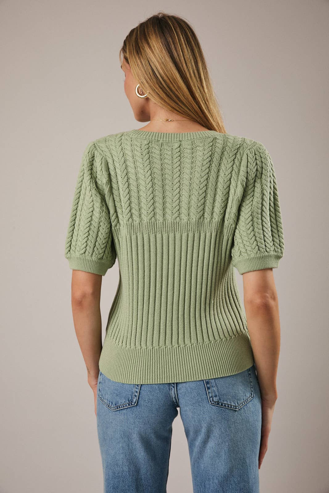 Sunday Edition by LE LIS - Wholesale Knit Sweater - Women's - ROUND NECK PUFF SHORT SLEEVE CABLE SWEATER30
