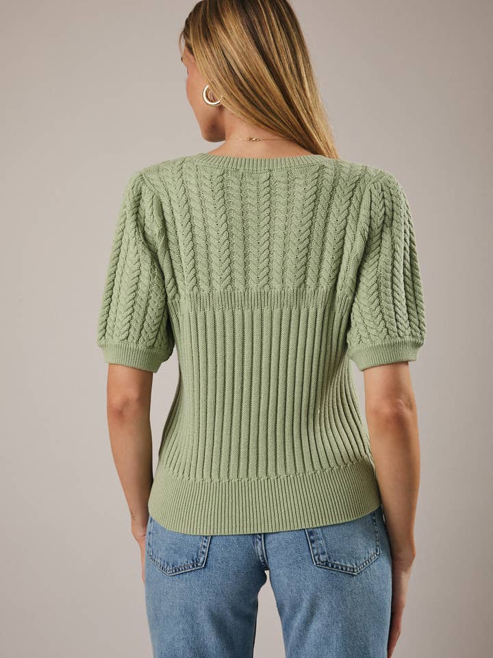 Sunday Edition by LE LIS - Wholesale Knit Sweater - Women's - ROUND NECK PUFF SHORT SLEEVE CABLE SWEATER30