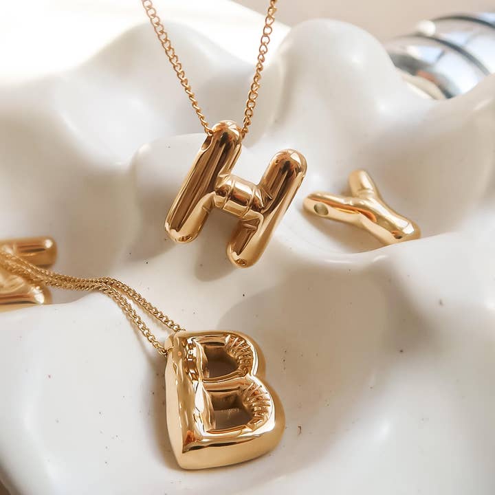 Hayes 18K Gold Non-Tarnish Balloon Alphabet Necklace for wholesale on Faire