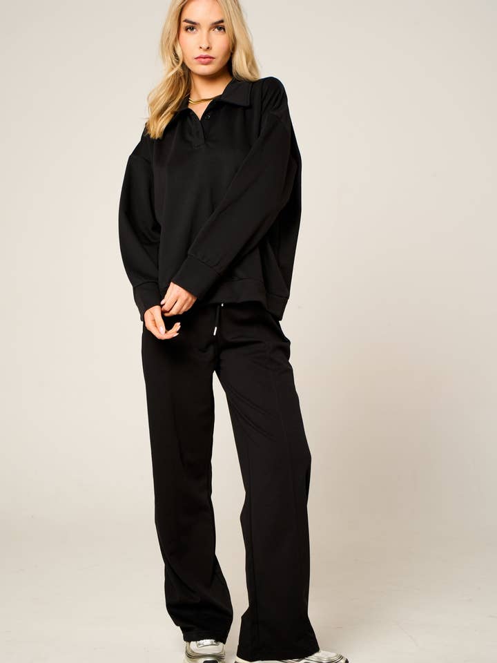 Black Oversized Long Sleeve Rugby Top and Trouser Co Ord Set - Marizel for wholesale by Femme Luxe