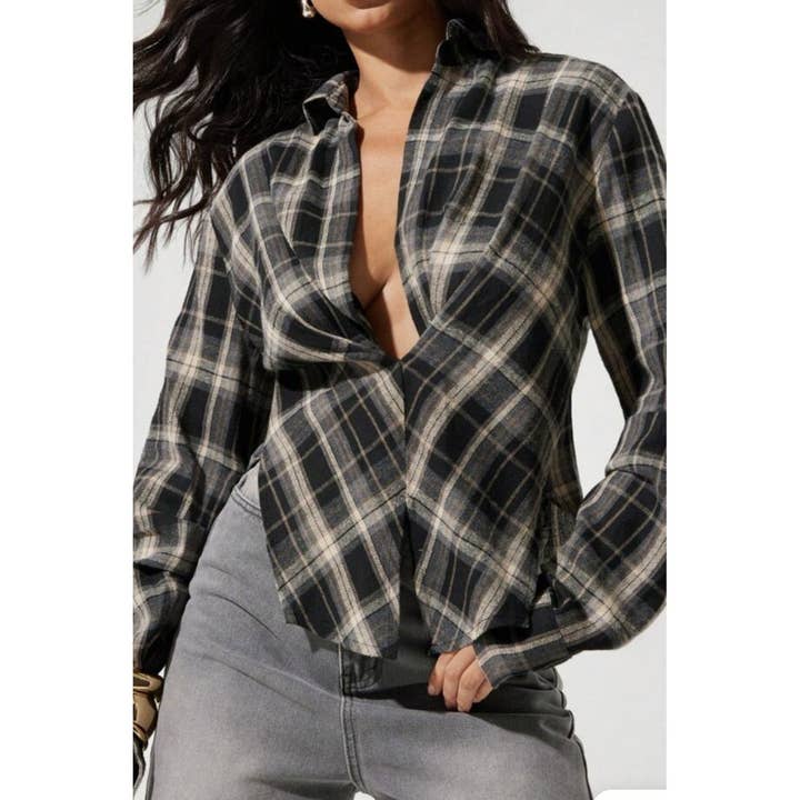 PLAID DIEPE KROMMING DRAAI TOP voor wholesale door Black Pearl Clothing