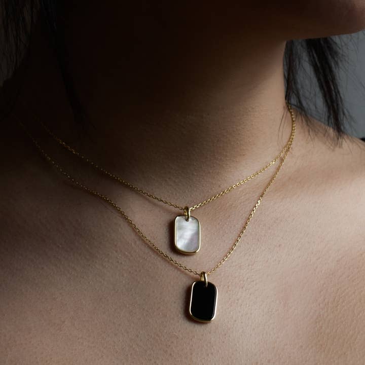 Black Onyx and Mother of Pearl Dog Tag Necklace for wholesale on Faire3