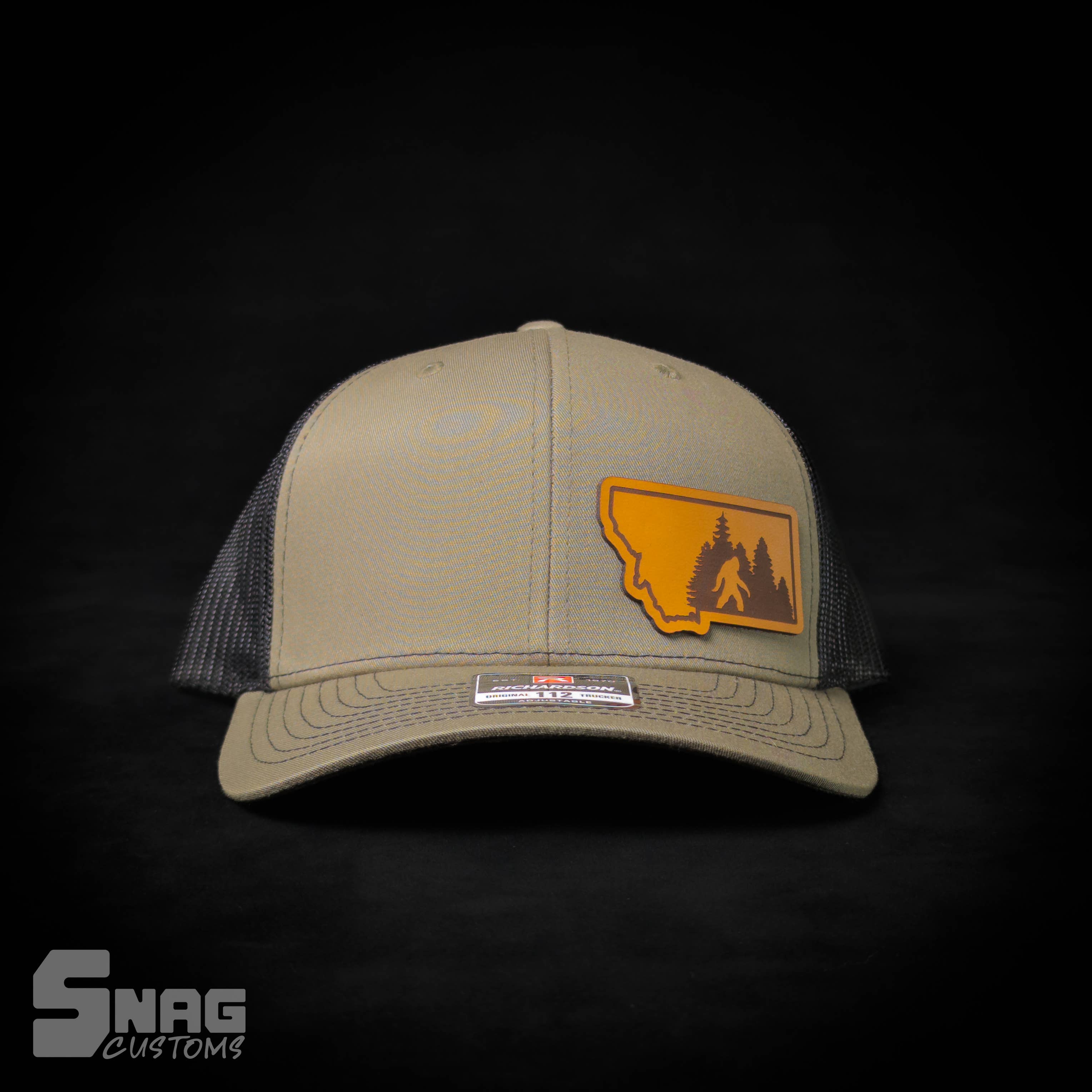 Snag Customs - Wholesale Trucker Hat - Unisex - Montana Sasquatch, Yeti, Bigfoot Leather Patch Hat0