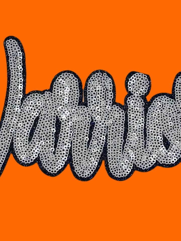 Warriors Patch, Sequin Patch, White Sequin Warriors Patch, Black Glitter Backing, Iron on Patch, Game Day Patch, Mascot Patch, DIY Patch for wholesale by sequinandstiches