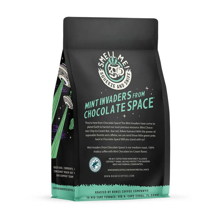 Bones Coffee Company - Wholesale Coffee Beans - Mint Invaders Flavored Coffee | 12oz | Whole Bean & Ground5