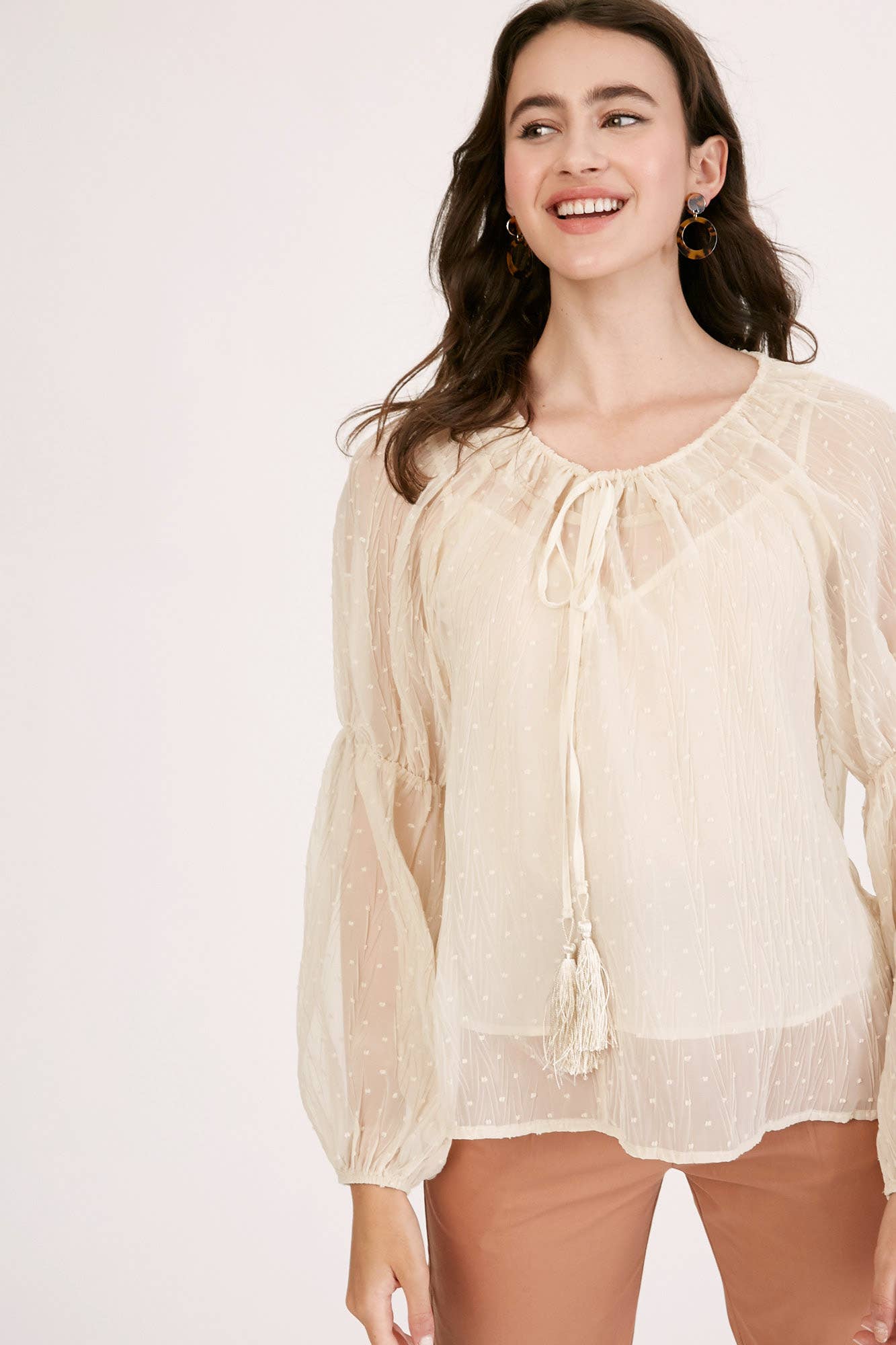 Champagne Swiss Dot Tassel Tie Blouse LT1016 for wholesale on Faire3