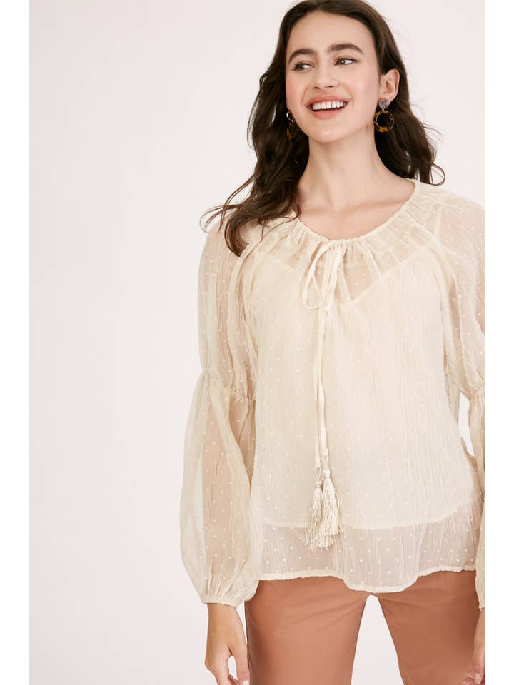 Champagne Swiss Dot Tassel Tie Blouse LT1016 for wholesale on Faire3