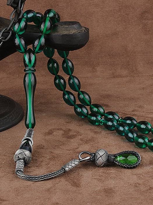 Tesbihevim | Bernstein-Tasbih in Grün mit silberner Kazaz-Quaste für den Großhandel von Aladdin